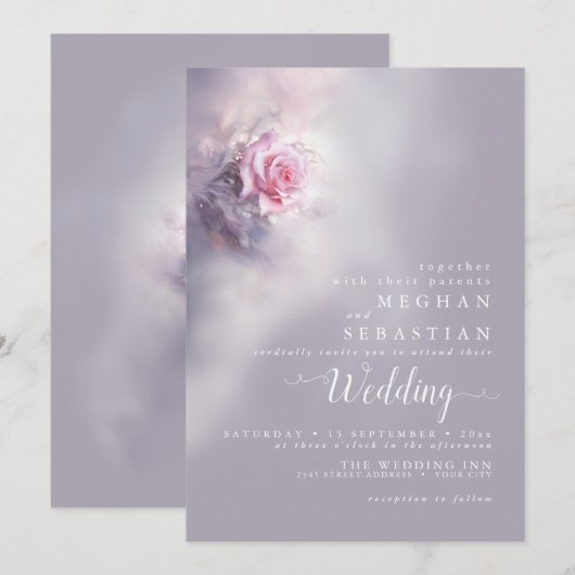 ドリーミーエレガントピンクローズオンダスティ薄紫 招待状 (正面/裏面)