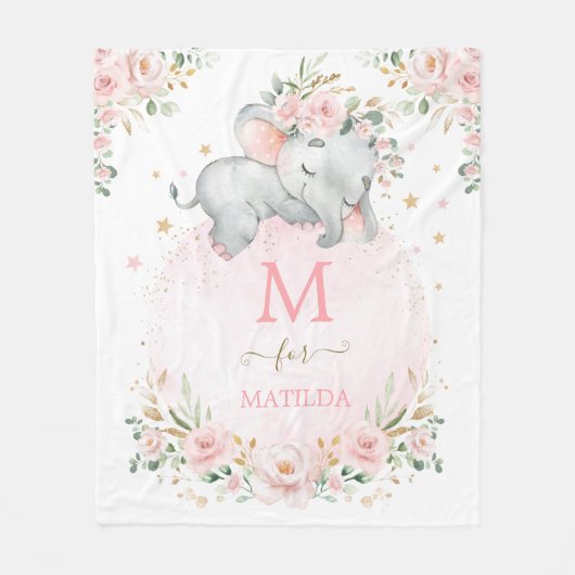ドリーミーエレファント赤面ピンク金ゴールドフローラモノグラム フリースブランケット (正面)