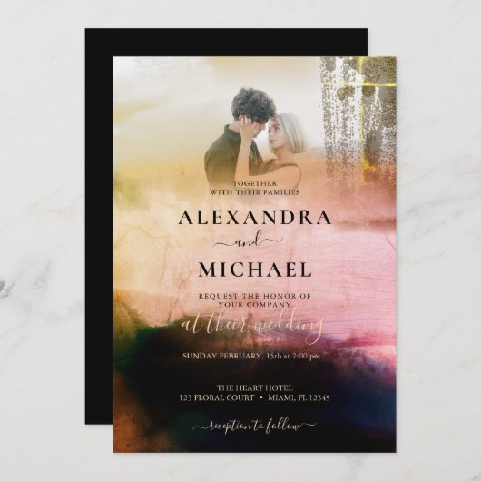 ドリーミークリームブラック抽象芸術フォトオーバーレイ結婚ズ 招待状 (正面/裏面)