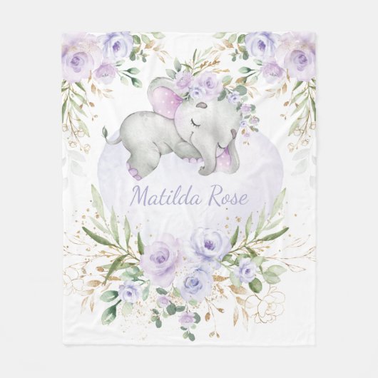 ドリーミースイートベビーエレファントガールラベンダーフローラ フリースブランケット (正面)