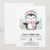 ドリーミースノーフレークペンギンデジタル誕生日 招待状 (正面/裏面)
