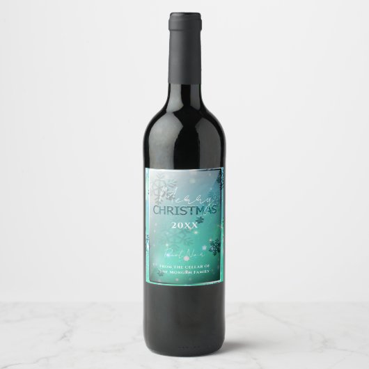 ドリーミーティール（緑がかった色）シルバーウィンターワンダーランドクリスマス ワインラベル (正面)
