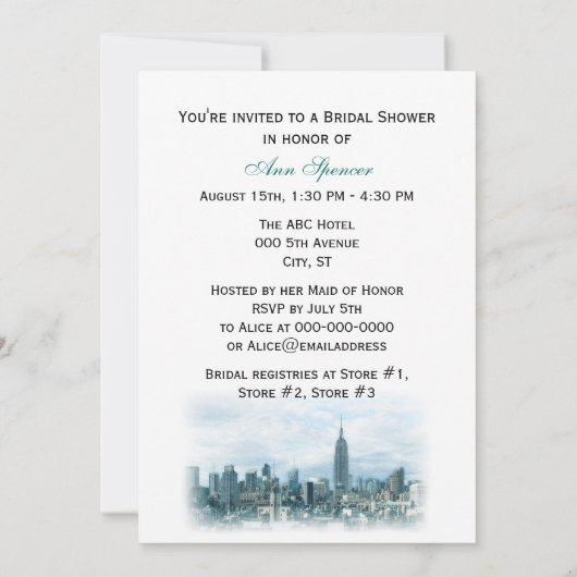 ドリーミーティール(緑がかった色)NYCスカイラインサンフラワーブライダルシャワーV 招待状 (裏面)
