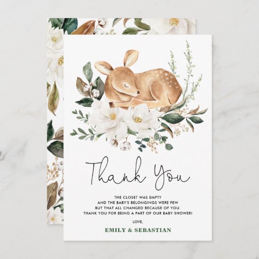 ドリーミーディアホワイトフローラグリーンリースベビー サンキューカード (正面/裏面)