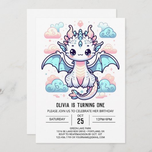 ドリーミードラゴン1歳の誕生日 招待状 (正面/裏面)
