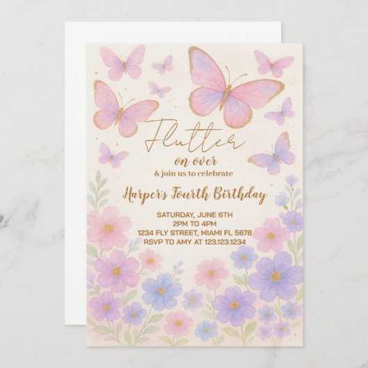 ドリーミーバタフライ誕生日招待状 招待状 (正面/裏面)