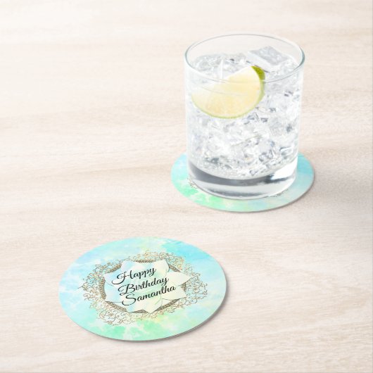 ドリーミーパステルズロータスフラワーパーソナライズされた誕生日 ラウンドペーパーコースター (インサイチュ)