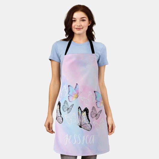ドリーミーパステルバタフライパーソナライズされた エプロン (着用した状態)