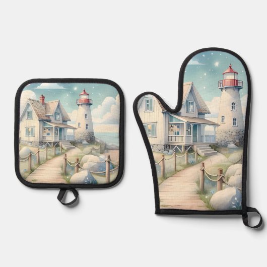 ドリーミーパステルライトハウスバイザシー 鍋つかみ&鍋敷きセット (正面)