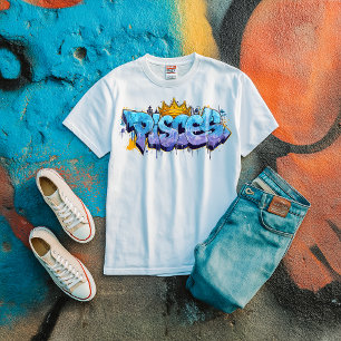 ドリーミーピセス〔占星術の〕十二宮図グラフティエアブラシ付きクラウン トライブレンドTシャツ