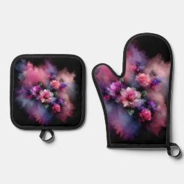 ドリーミーピンクと紫のバラ水彩 鍋つかみ&鍋敷きセット