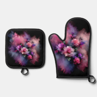 ドリーミーピンクと紫のバラ水彩 鍋つかみ&鍋敷きセット