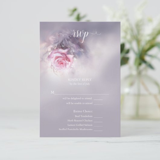 ドリーミーピンクのローズオンダスティ薄紫の食事の選択 出欠カード (スタンド正面)