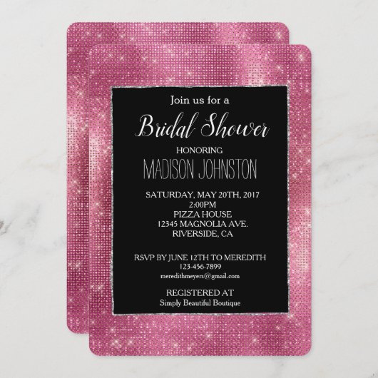 ドリーミーピンクブラックグリジーシルバースパークルブライダル 招待状 (正面/裏面)