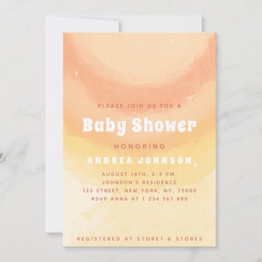 ドリーミーピーチ&イエローウォーターカラーサンベビーシャワー 招待状 (正面)