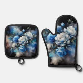 ドリーミーブルーとホワイトローズ 鍋つかみ&鍋敷きセット