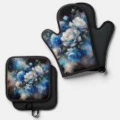 ドリーミーブルーとホワイトローズ 鍋つかみ&鍋敷きセット (正面/裏面)