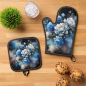 ドリーミーブルーとホワイトローズ 鍋つかみ&鍋敷きセット (トップダウン)