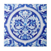 ドリーミーブルーウォーターカラーアカントゥスリーフデザイン タイル (正面)