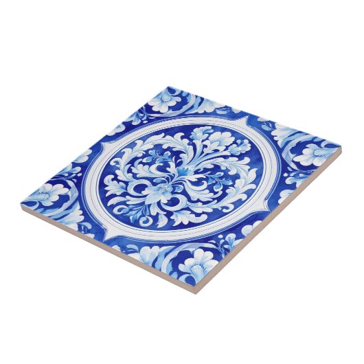 ドリーミーブルーウォーターカラーアカントゥスリーフデザイン タイル (側面)