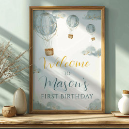 ドリーミーブルーバルーン1歳の誕生日おめでとうキラキラデザイン ポスター