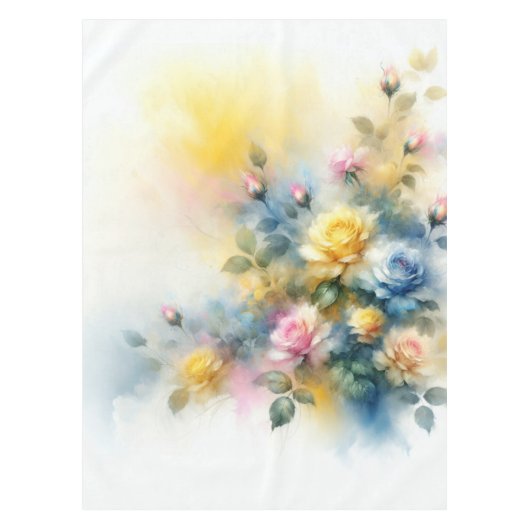 ドリーミーブルー、イエロー、ピンクのバラの水色 テーブルクロス (正面)