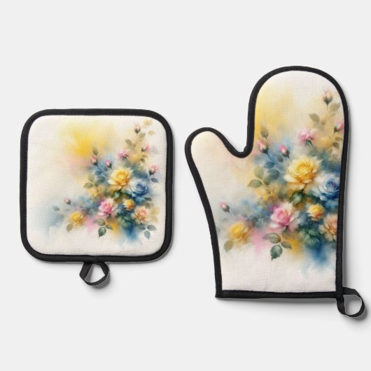 ドリーミーブルー、イエロー、ピンクのバラの水色 鍋つかみ&鍋敷きセット (正面)