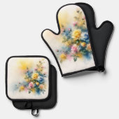 ドリーミーブルー、イエロー、ピンクのバラの水色 鍋つかみ&鍋敷きセット (正面/裏面)