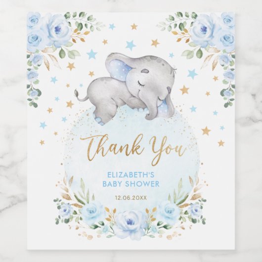 ドリーミーベビーエレファントブルー金ゴールドフローラムーンスターズ ワインラベル (シングルラベル)