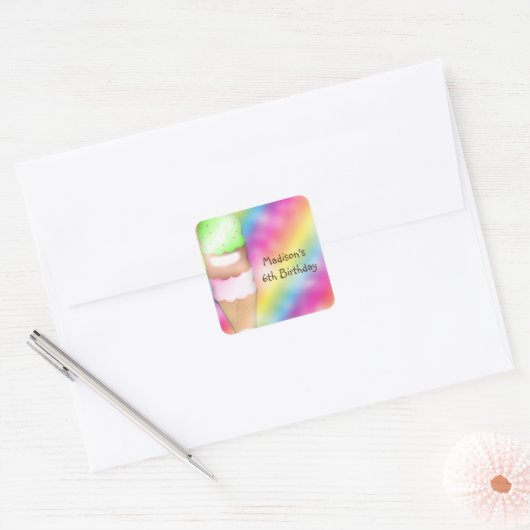ドリーミーレインボーアイスクリームバースデーパーティーステッカー スクエアシール (封筒)