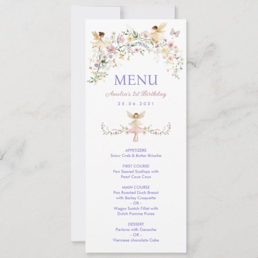 ドリーミーワイルドフラワーフェアリー誕生日メニューカード 招待状 (正面)