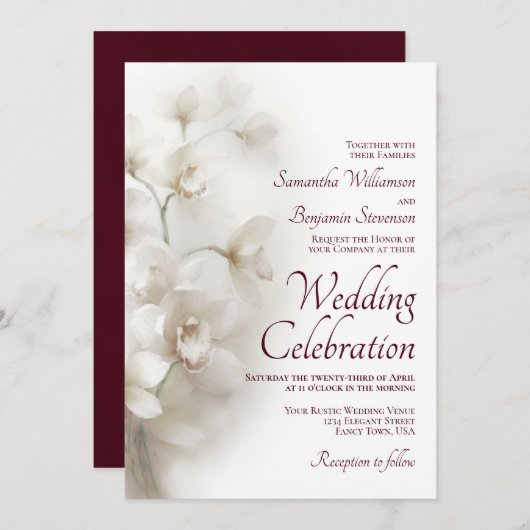 ドリーミー白い蘭エレガント蘭ブルゴーニュ結婚ーズ 招待状 (正面/裏面)
