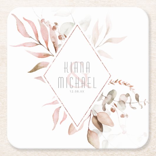 ドリーミー結婚リーフの赤面ピンクID817 スクエアペーパーコースター (正面)