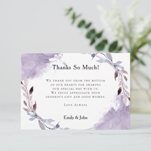 ドリーミー薄紫グレーの葉付き水の色/写真結婚の色 サンキューカード (スタンド正面)