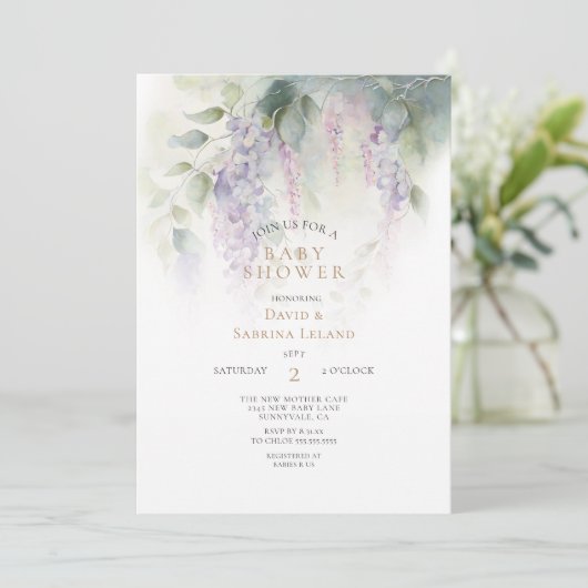 ドリーミー藤の水の色カップルの赤ちゃんシャワー 招待状 (スタンド正面)