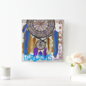 ドリームキャッチャーと魔法の鳥の青い羽 スクエア壁時計 (ホーム)