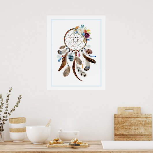 ドリームキャッチャーの羽と花のイラストレーション ポスター (キッチン)