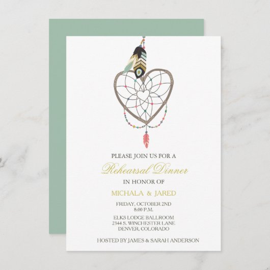 ドリームキャッチャーの羽根を使った結婚式のリハーサル招待状 招待状 (正面/裏面)