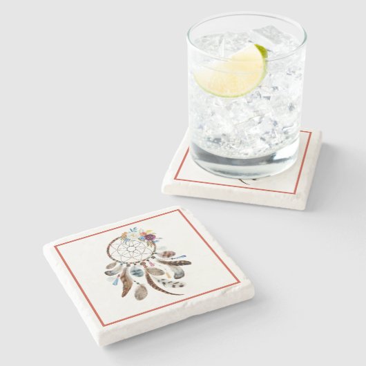 ドリームキャッチャーの部族の羽と花 ストーンコースター (横)