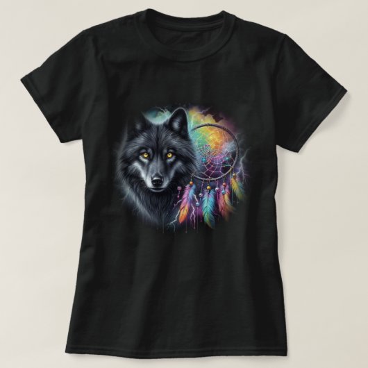 ドリームキャッチャーを持つ黒狼 Tシャツ (デザイン正面)