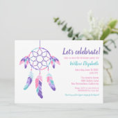 ドリームキャッチャーピンクパープルティール(緑がかった色)子供の誕生日パーティー 招待状 (スタンド正面)