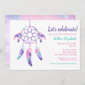 ドリームキャッチャーピンクパープルティール（緑がかった色）子供の誕生日パーティー 招待状 (正面/裏面)