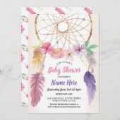 ドリームキャッチャーベビーシャワーフローラ招待状ピンク 招待状 (正面/裏面)