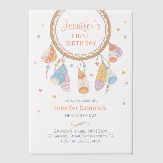 ドリームキャッチャーボホベビーファースト誕生日 ベラム紙招待状 (正面)