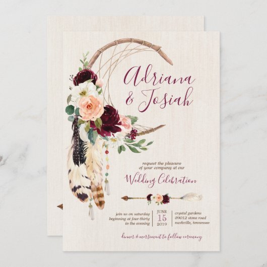 ドリームキャッチャームーンピーチ&ブルガンディボホ結婚ズ 招待状 (正面/裏面)