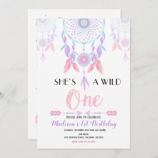 ドリームキャッチャーワイルドワン誕生日招待状 招待状 (正面/裏面)