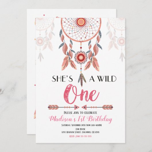 ドリームキャッチャーワイルド·ワン誕生日招待状 招待状 (正面/裏面)