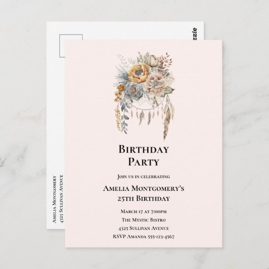 ドリームキャッチャー付きエレガントフラワーバースデー ポストカード (正面/裏面)