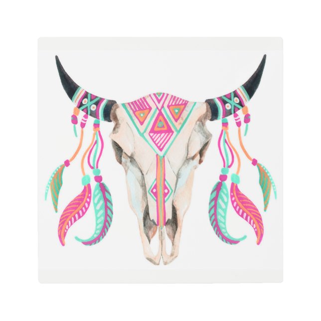 ドリームキャッチャー付き牛スカル メタルプリント (正面)