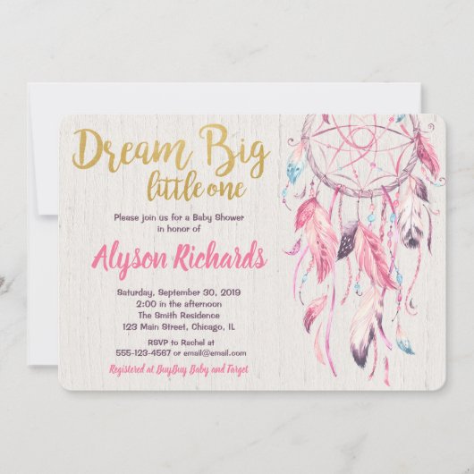 ドリームキャッチャー夢の大きな小さな1つの赤ちゃんシャワー女の子 招待状 (正面)